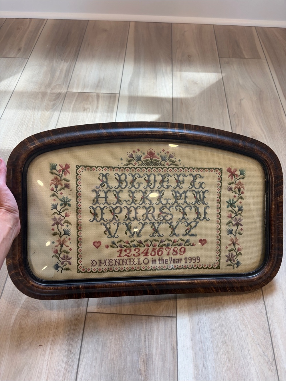 Vintage Framed Cross Stitch Sampler with Floral Border